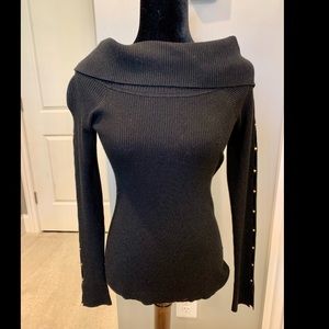 Black cowl neck knit top with sleeve detail